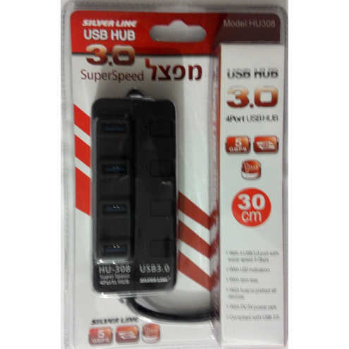 מפצל USB 3.0 ל- 4 כניסות כולל ספק כוח