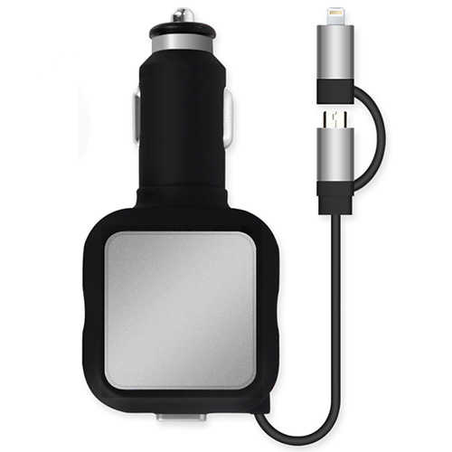 מטען לרכב USBx2 וכבל Micro USB/Lightning נגלל Cafele