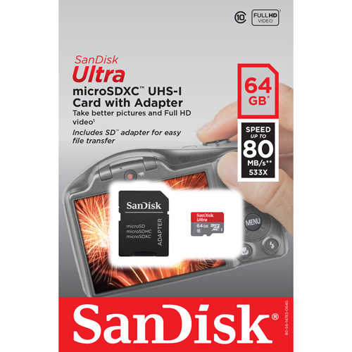 כרטיס זיכרון Micro SDXC 64GB Class 10 80MB/s SanDisk